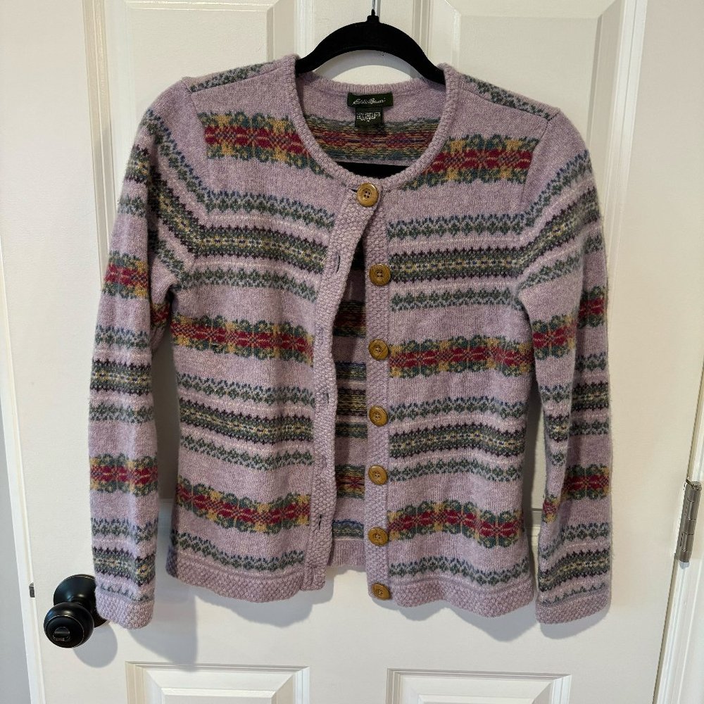 Eddie Bauer Lavender Fair Isle Cardigan with Red & Green Pattern